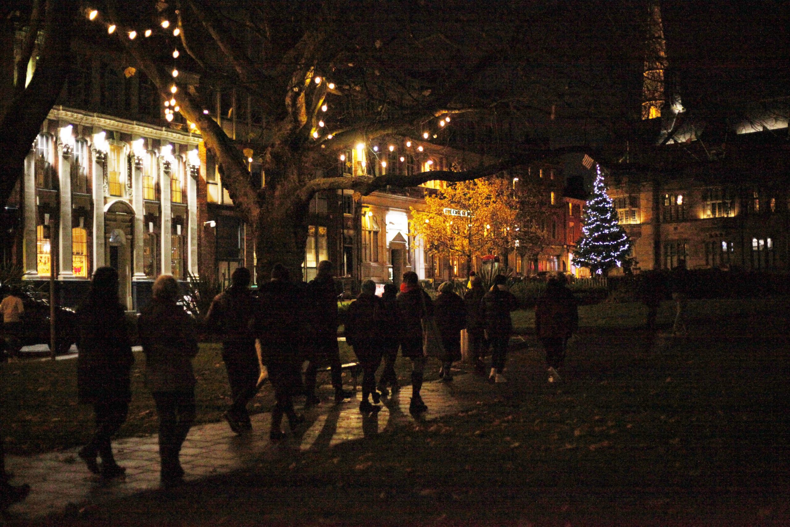 people walking along a treed street against background of lights